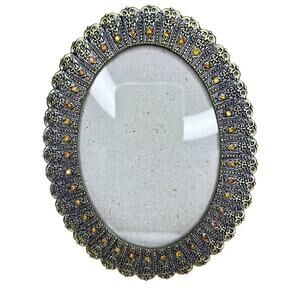 Vintage Ornate Oval Amber Colored Stones Picture Frame Antiqued 4" x 6" Opening